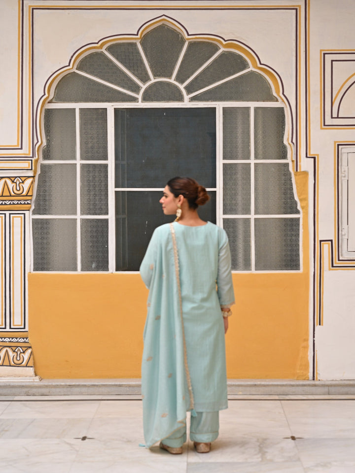 Powder Blue Pure Mul Chanderi Suit Set with Scallope Dupatta- SET OF-3 | SHOBITAM