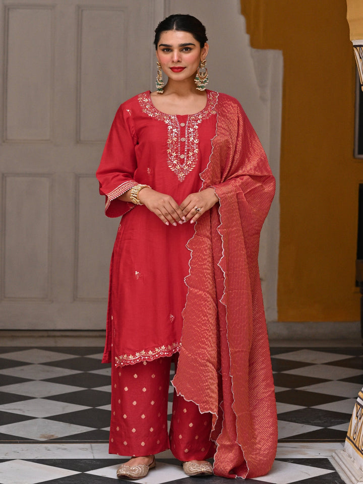 Red Tyohaar Pure Dola Silk Suit Set with Banarsi Pant- SET OF 3 | SHOBITAM