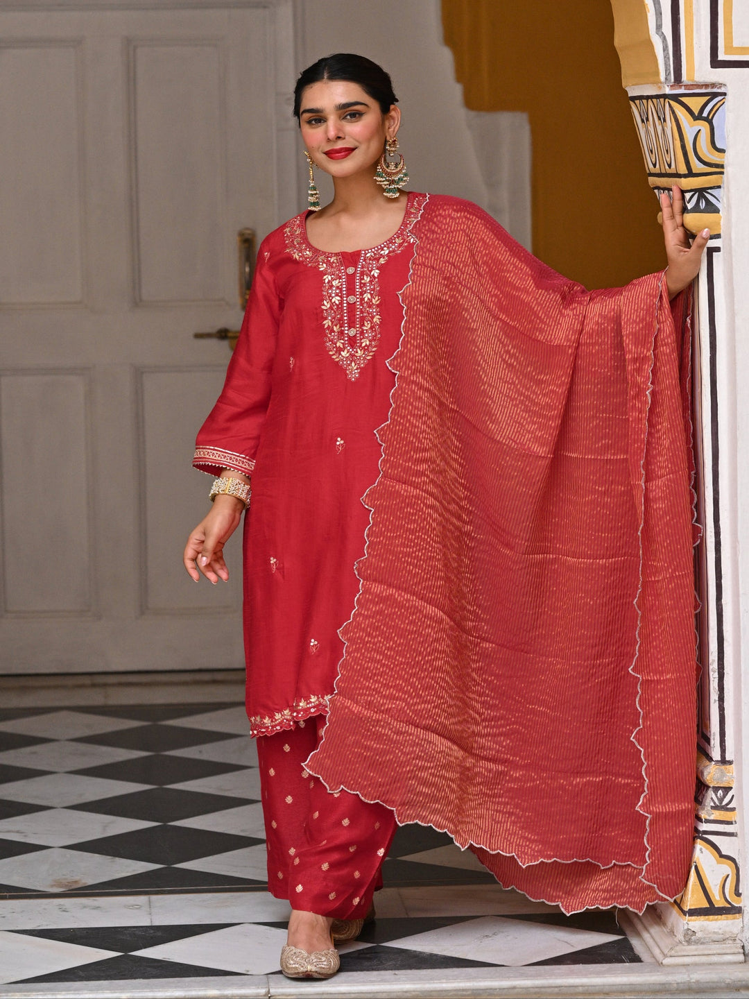 Red Tyohaar Pure Dola Silk Suit Set with Banarsi Pant- SET OF 3 | SHOBITAM