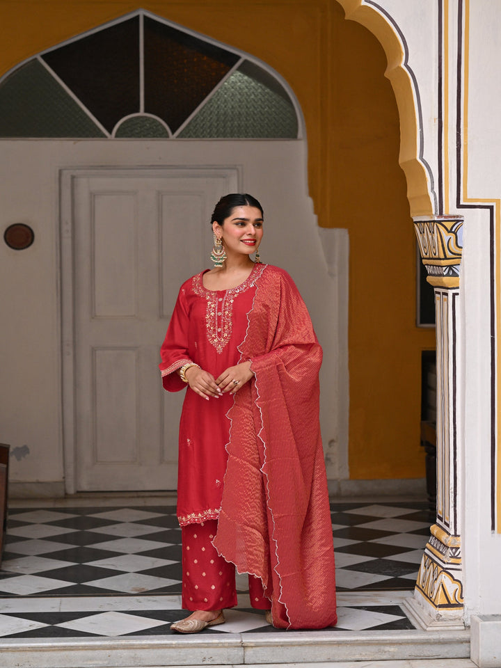Red Tyohaar Pure Dola Silk Suit Set with Banarsi Pant- SET OF 3 | SHOBITAM