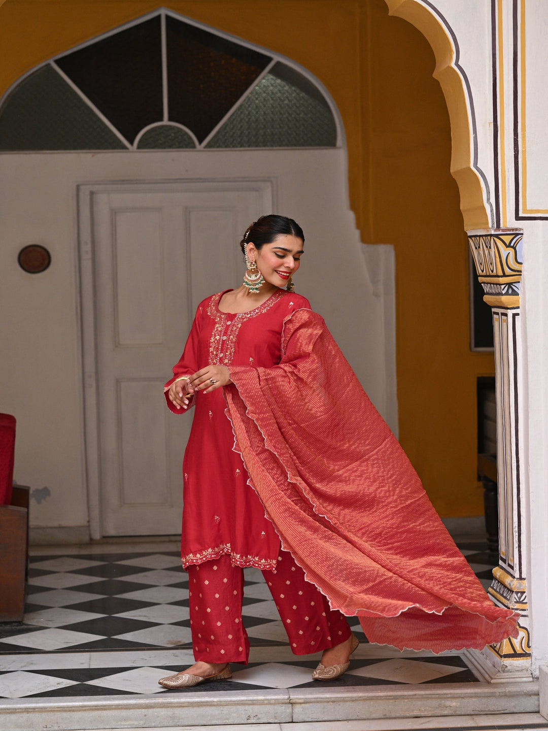 Red Tyohaar Pure Dola Silk Suit Set with Banarsi Pant- SET OF 3 | SHOBITAM