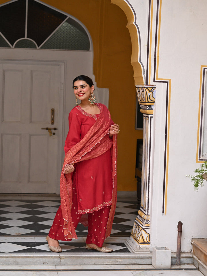 Red Tyohaar Pure Dola Silk Suit Set with Banarsi Pant- SET OF 3 | SHOBITAM