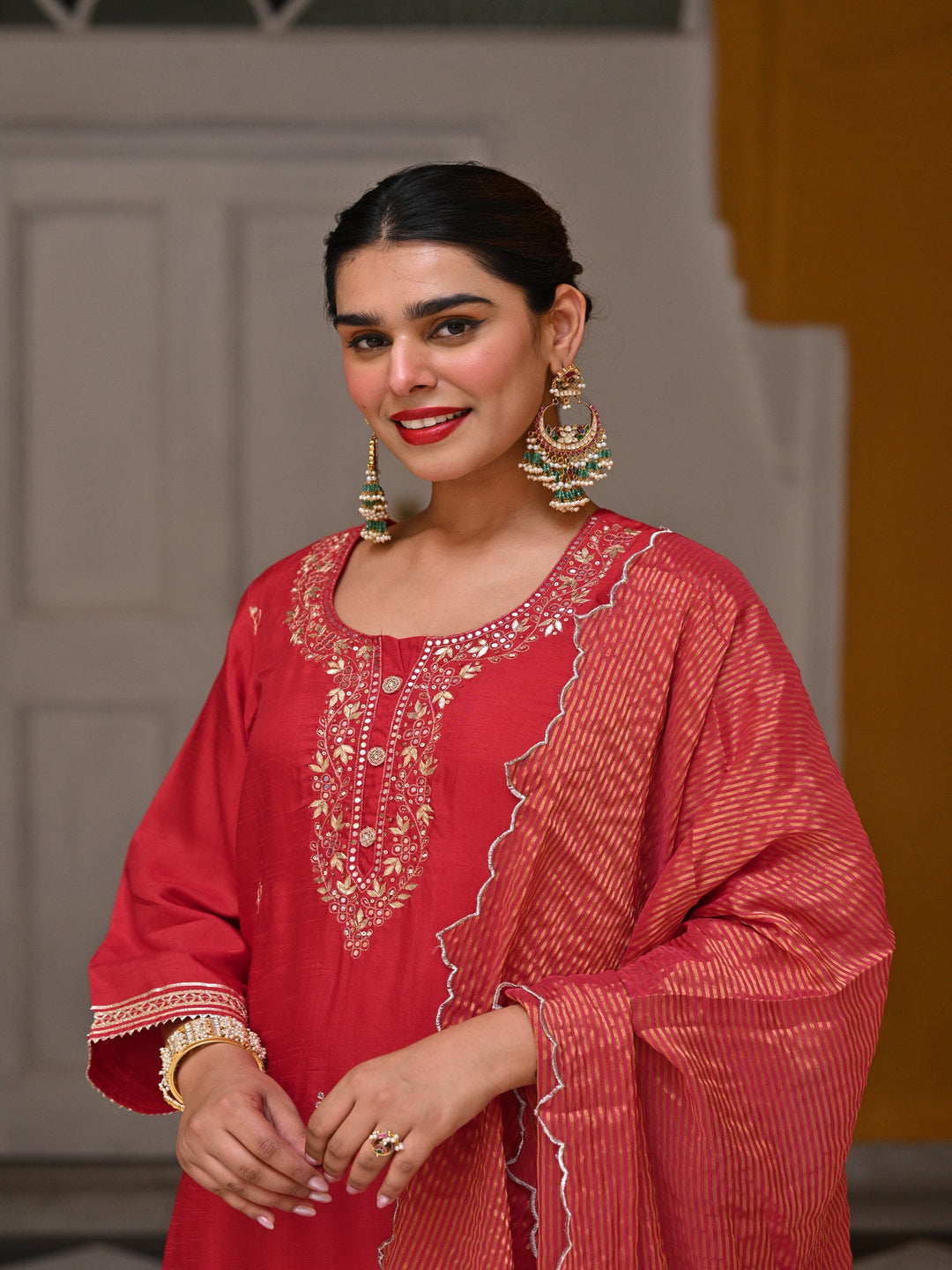 Red Tyohaar Pure Dola Silk Suit Set with Banarsi Pant- SET OF 3 | SHOBITAM