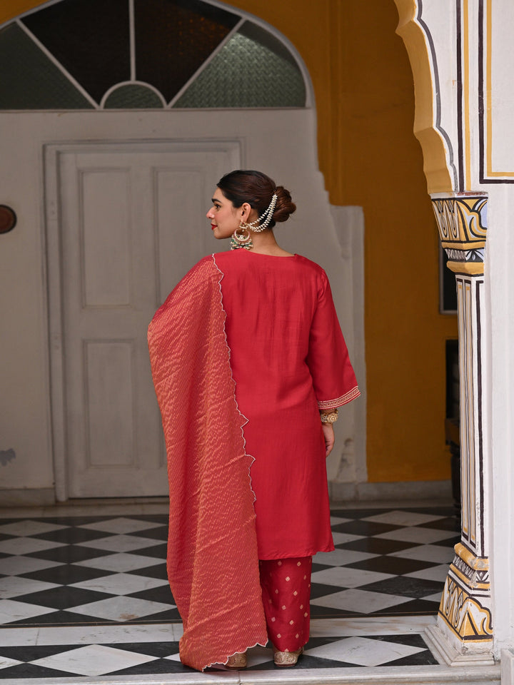 Red Tyohaar Pure Dola Silk Suit Set with Banarsi Pant- SET OF 3 | SHOBITAM