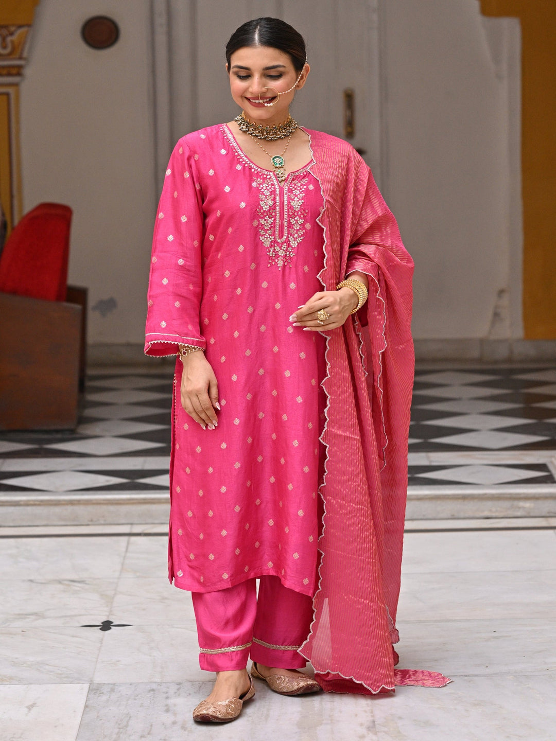 Pink Tyohaar Banarasi Gota Work with Scallope Border Suit Set-SET OF 3 | SHOBITAM
