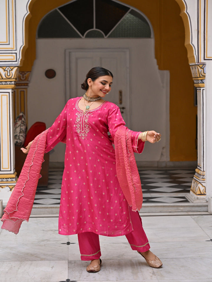 Pink Tyohaar Banarasi Gota Work with Scallope Border Suit Set-SET OF 3 | SHOBITAM