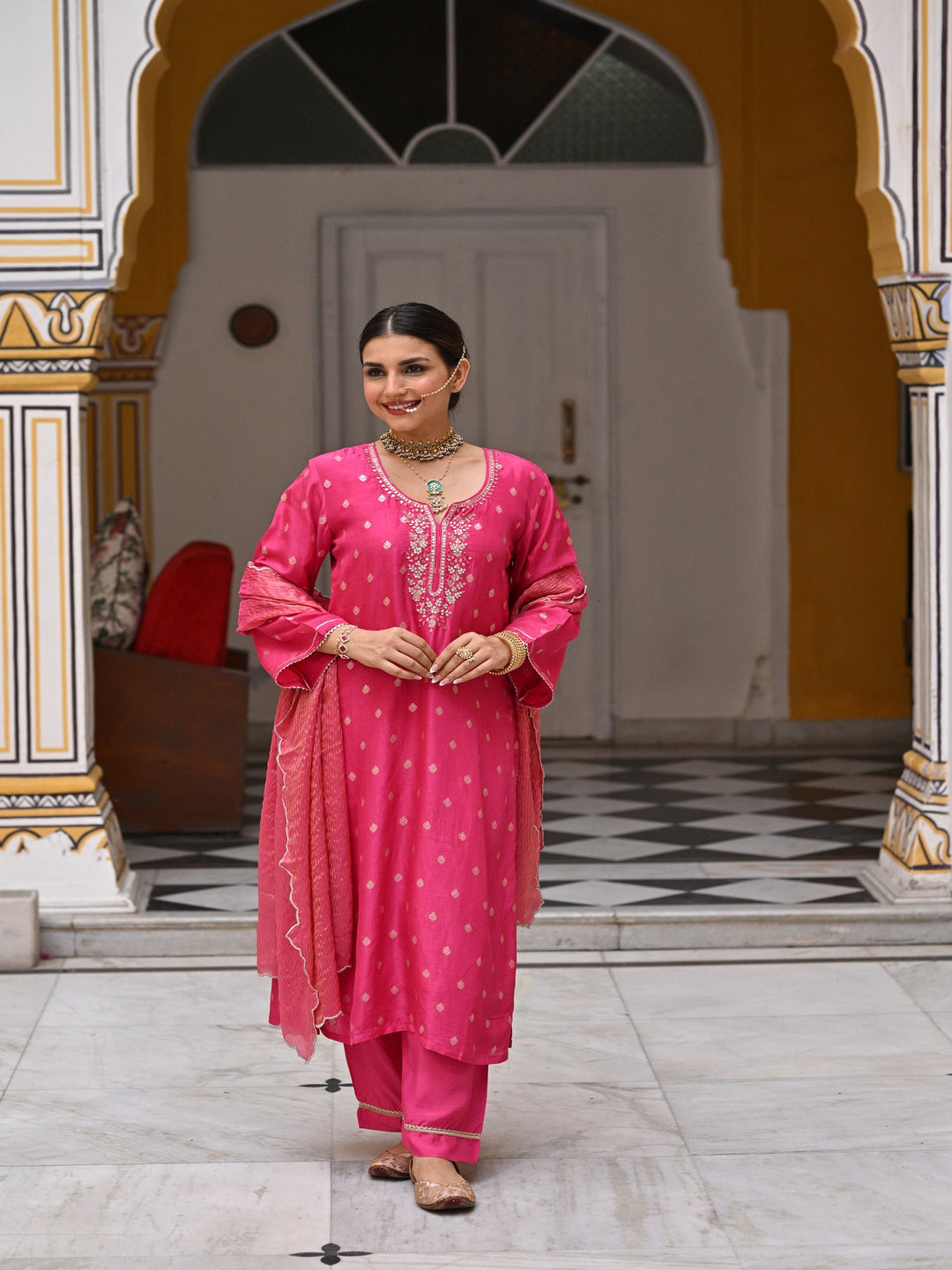 Pink Tyohaar Banarasi Gota Work with Scallope Border Suit Set-SET OF 3 | SHOBITAM