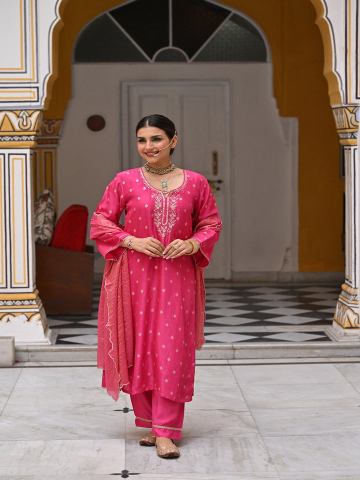 Pink Tyohaar Banarasi Gota Work with Scallope Border Suit Set-SET OF 3 | SHOBITAM