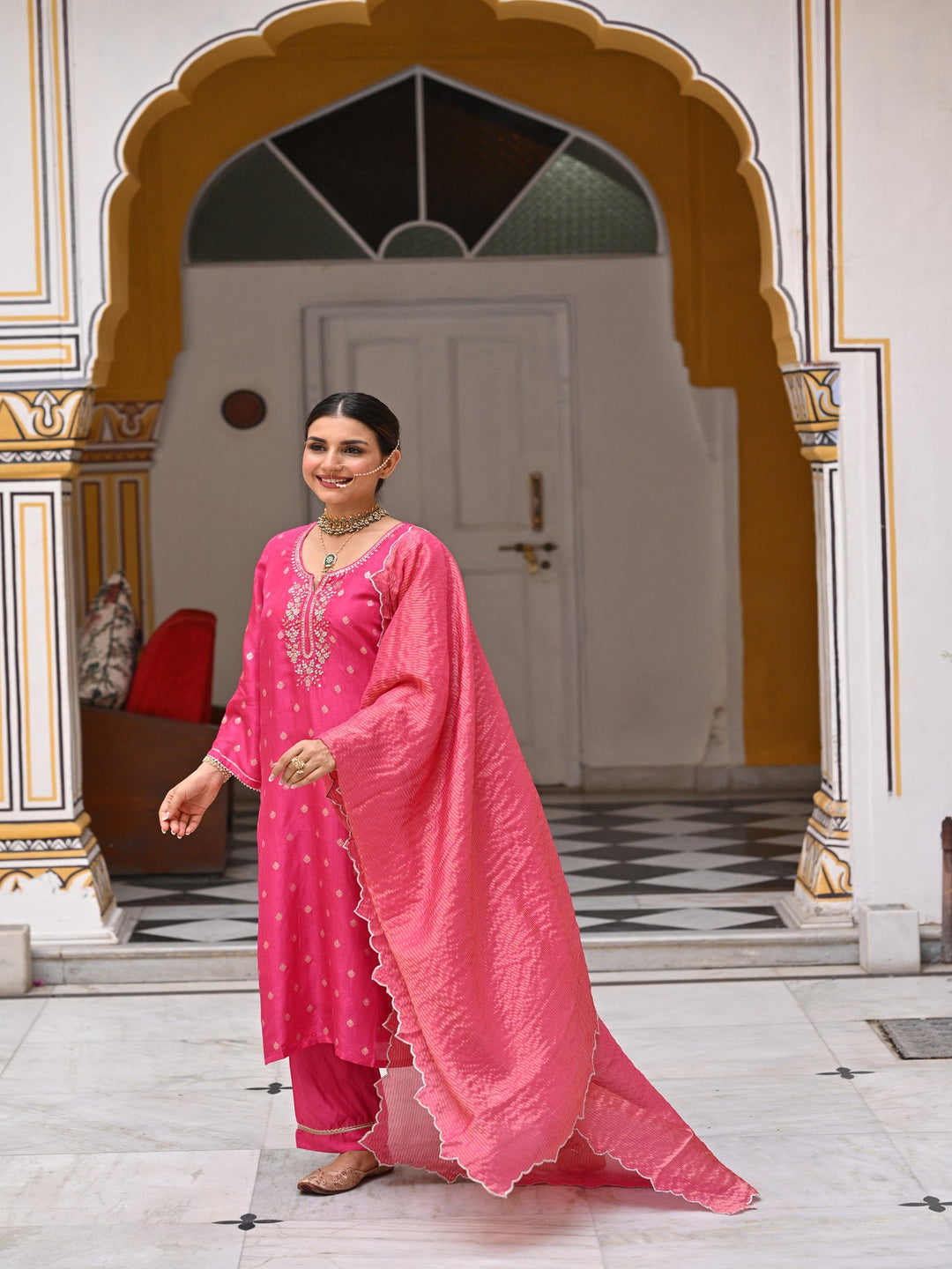 Pink Tyohaar Banarasi Gota Work with Scallope Border Suit Set-SET OF 3 | SHOBITAM