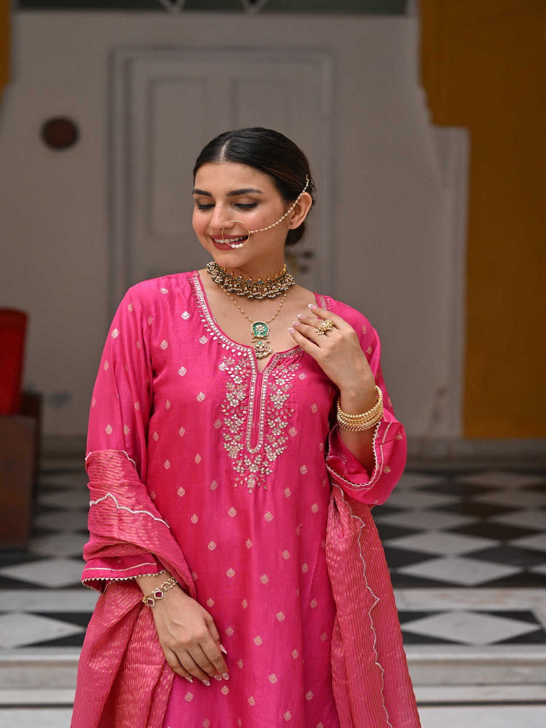 Pink Tyohaar Banarasi Gota Work with Scallope Border Suit Set-SET OF 3 | SHOBITAM