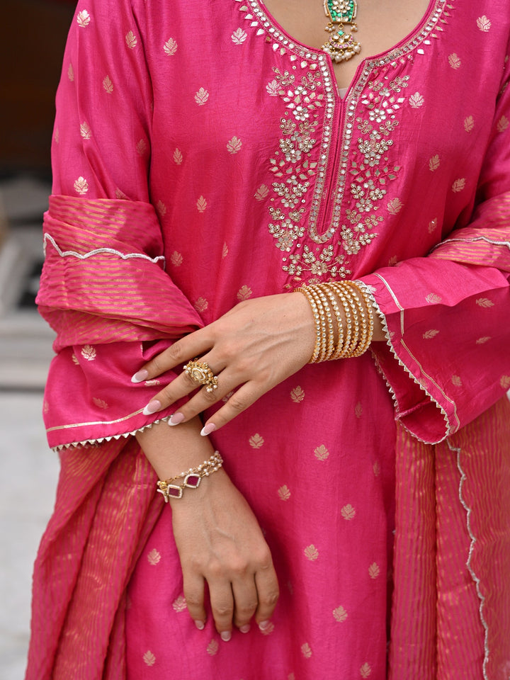 Pink Tyohaar Banarasi Gota Work with Scallope Border Suit Set-SET OF 3 | SHOBITAM