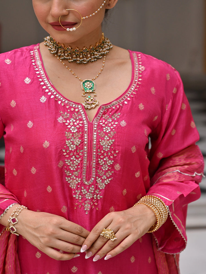 Pink Tyohaar Banarasi Gota Work with Scallope Border Suit Set-SET OF 3 | SHOBITAM