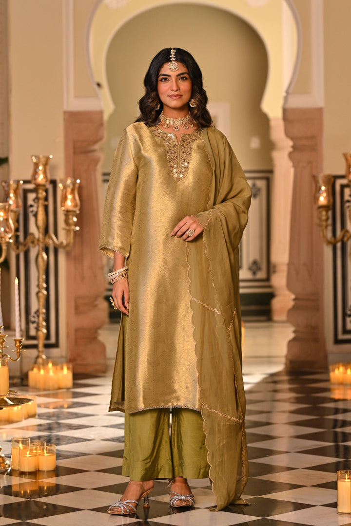 Kelly Green Premium Pure Muslin Silk Jacquard with Patch Embroidery, Hand Work Zari lace on Daman Kurta With Scallop Zari Border Dupatta - SET OF-3 | SHOBITAM