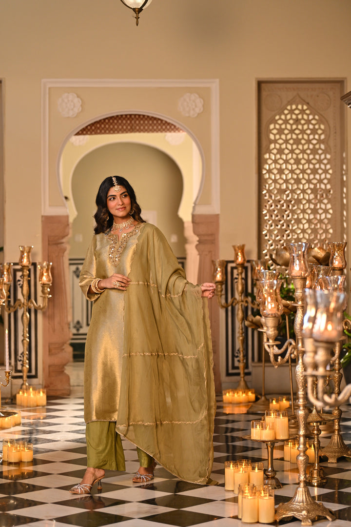 Kelly Green Premium Pure Muslin Silk Jacquard with Patch Embroidery, Hand Work Zari lace on Daman Kurta With Scallop Zari Border Dupatta - SET OF-3 | SHOBITAM