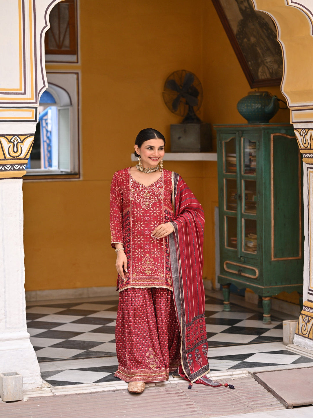 Red Block and Placement with Gold Foil Print Muslin Sharara Set with sequence , Moti and Gota work- SET OF 3 | SHOBITAM