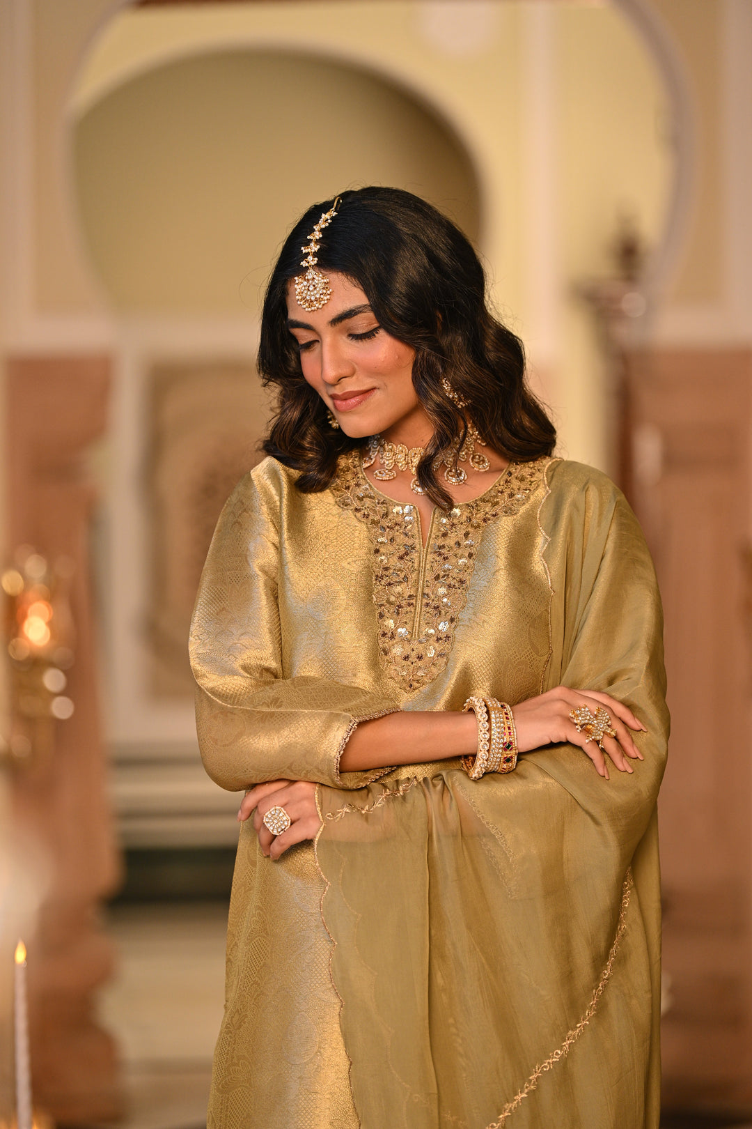 Kelly Green Premium Pure Muslin Silk Jacquard with Patch Embroidery, Hand Work Zari lace on Daman Kurta With Scallop Zari Border Dupatta - SET OF-3 | SHOBITAM