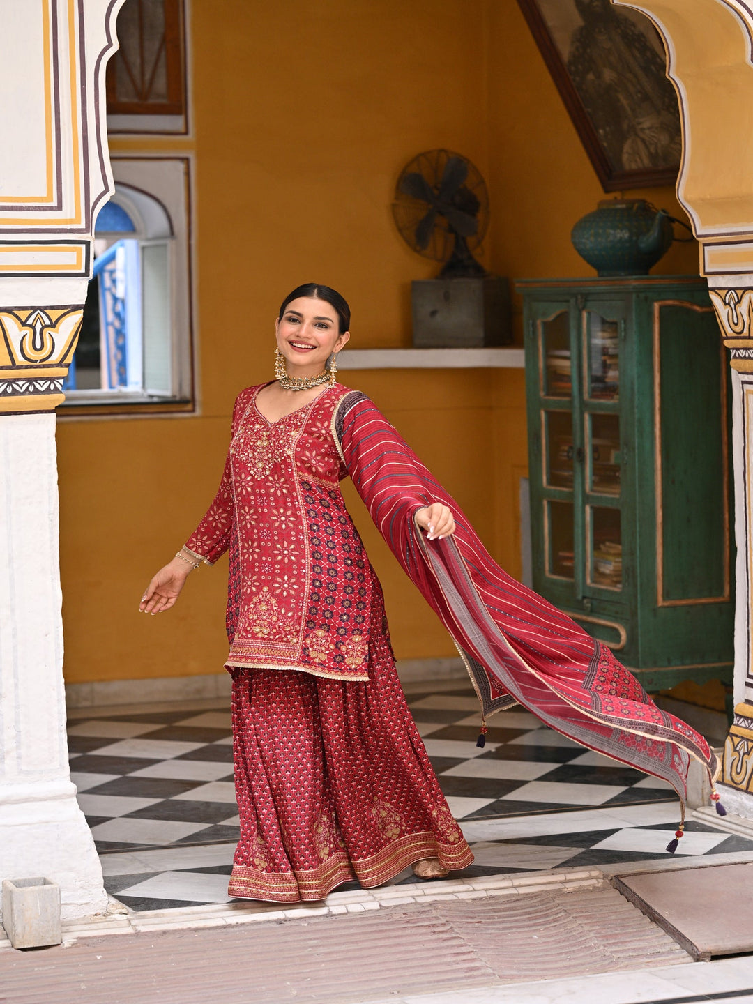 Red Block and Placement with Gold Foil Print Muslin Sharara Set with sequence , Moti and Gota work- SET OF 3 | SHOBITAM