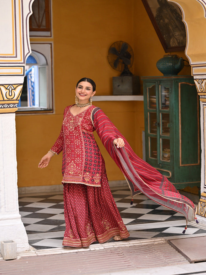 Red Block and Placement with Gold Foil Print Muslin Sharara Set with sequence , Moti and Gota work- SET OF 3 | SHOBITAM