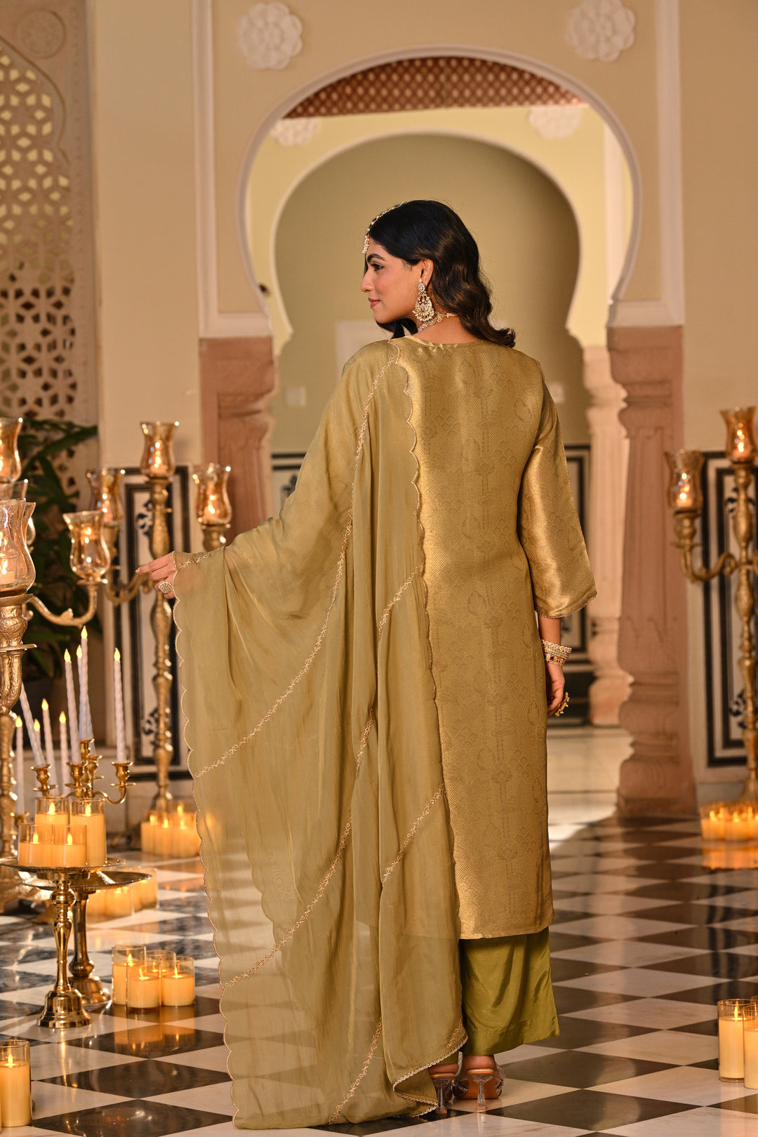Kelly Green Premium Pure Muslin Silk Jacquard with Patch Embroidery, Hand Work Zari lace on Daman Kurta With Scallop Zari Border Dupatta - SET OF-3 | SHOBITAM