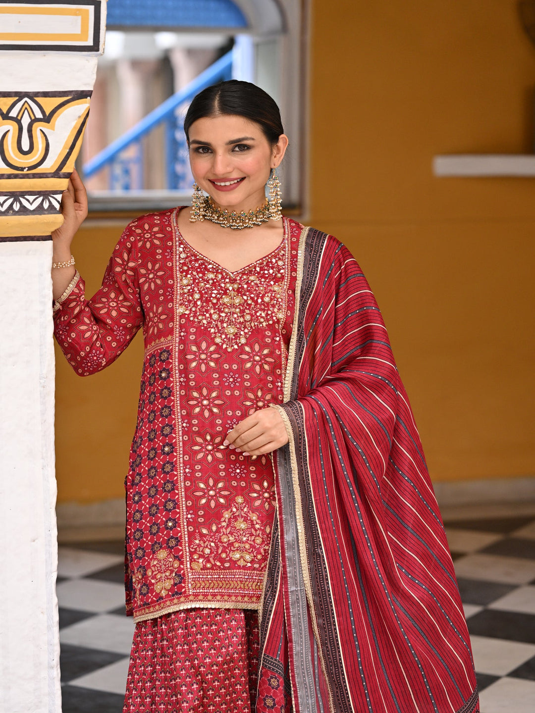 Red Block and Placement with Gold Foil Print Muslin Sharara Set with sequence , Moti and Gota work- SET OF 3 | SHOBITAM