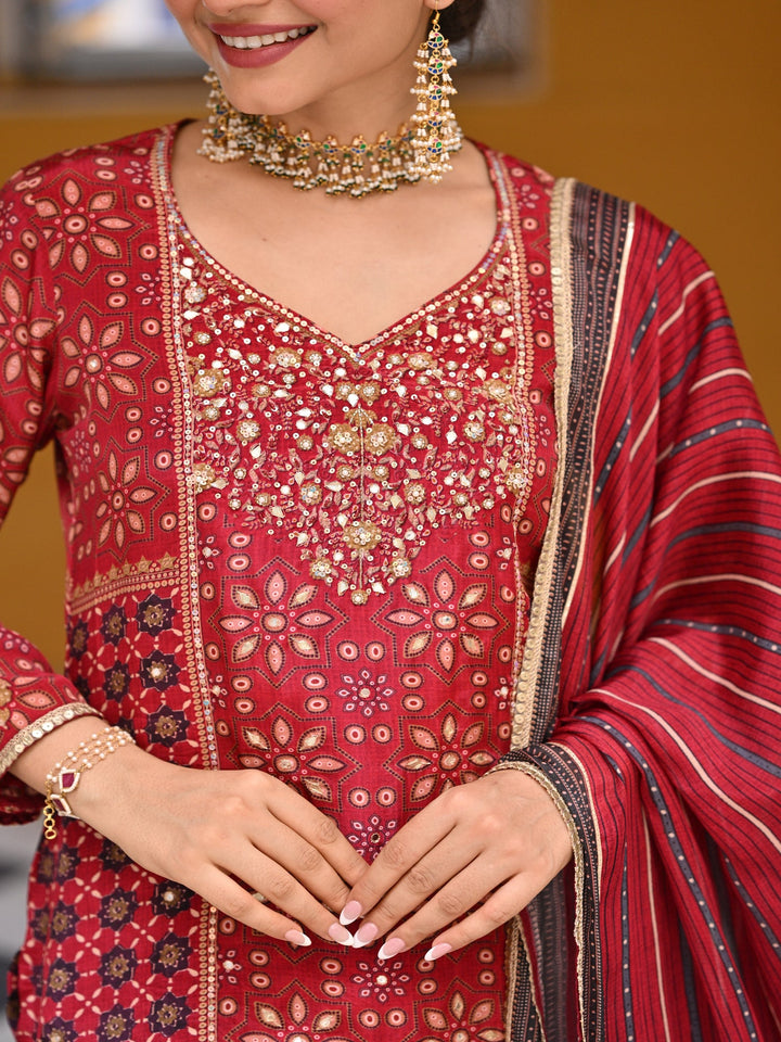 Red Block and Placement with Gold Foil Print Muslin Sharara Set with sequence , Moti and Gota work- SET OF 3 | SHOBITAM