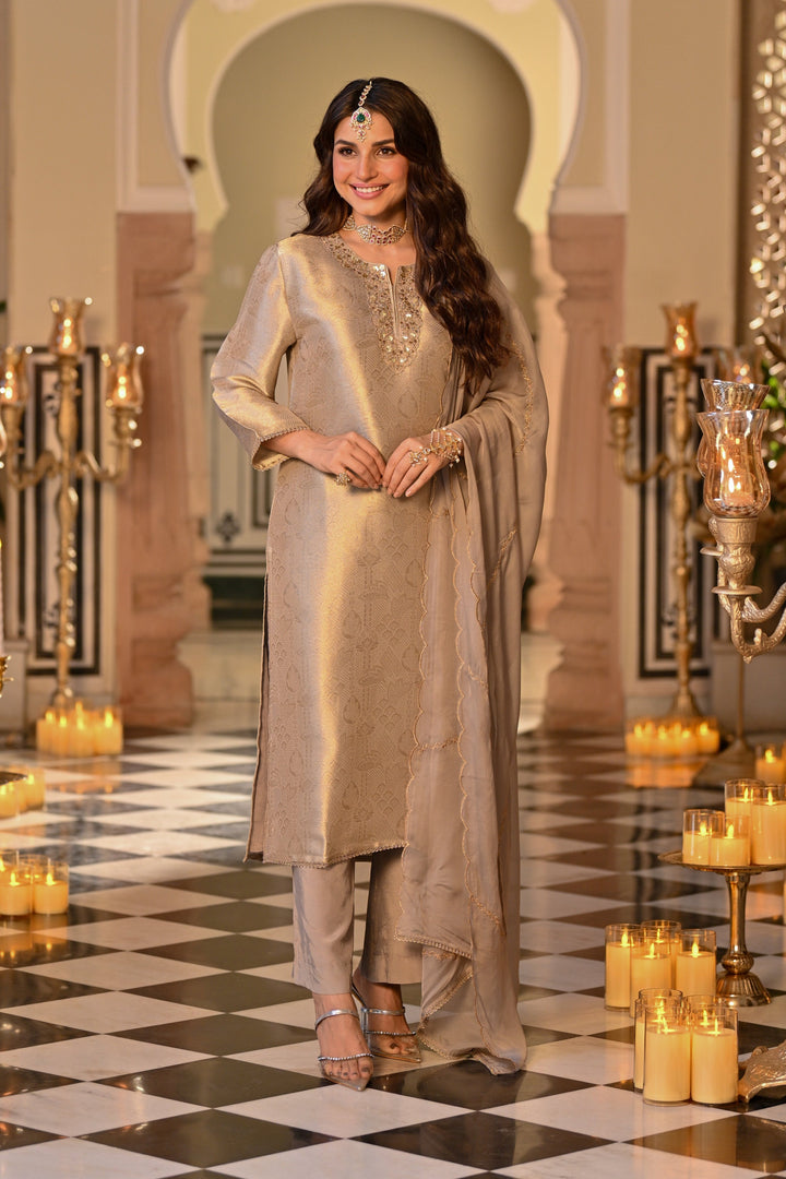 Slate Grey Premium Pure Muslin Silk Jacquard with Patch Embroidery, Hand Work Zari lace on Daman Kurta With Scallop Zari Border Dupatta- SET OF-3 | SHOBITAM