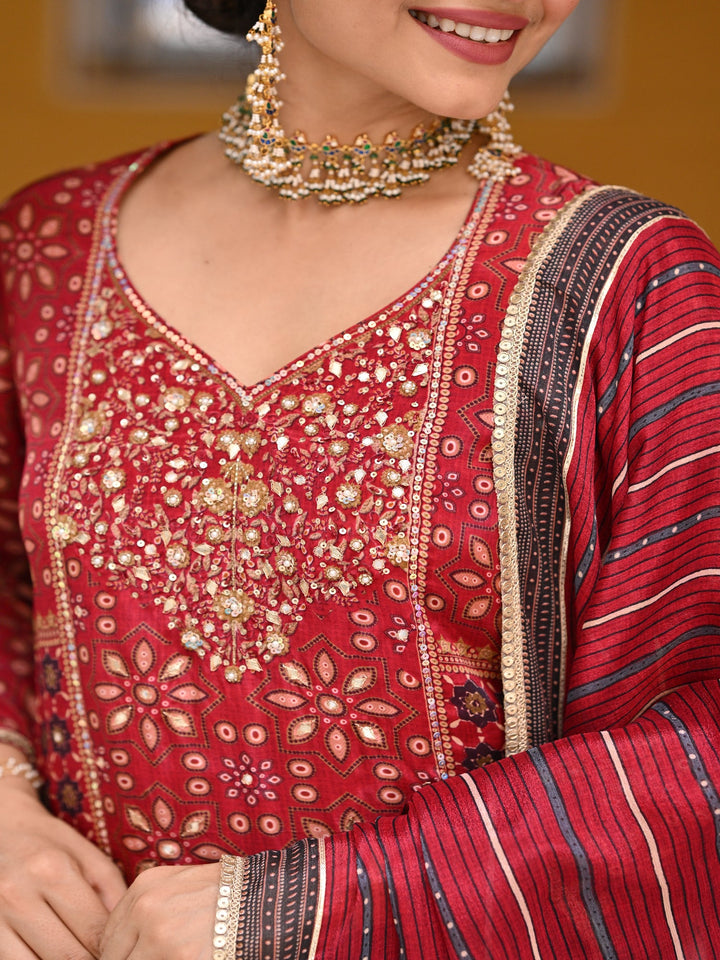 Red Block and Placement with Gold Foil Print Muslin Sharara Set with sequence , Moti and Gota work- SET OF 3 | SHOBITAM