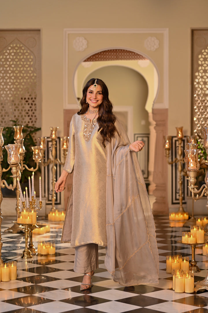 Slate Grey Premium Pure Muslin Silk Jacquard with Patch Embroidery, Hand Work Zari lace on Daman Kurta With Scallop Zari Border Dupatta- SET OF-3 | SHOBITAM