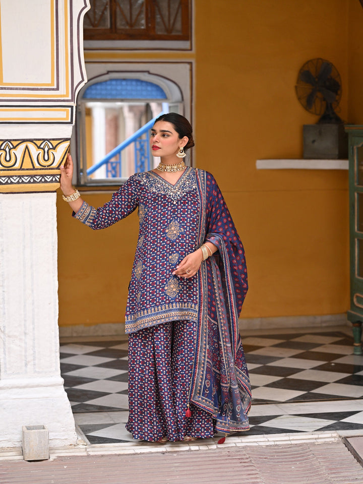 Blue Ghera Muslin Sharara Set with Gota and Sequence Work-SET OF 3 | SHOBITAM