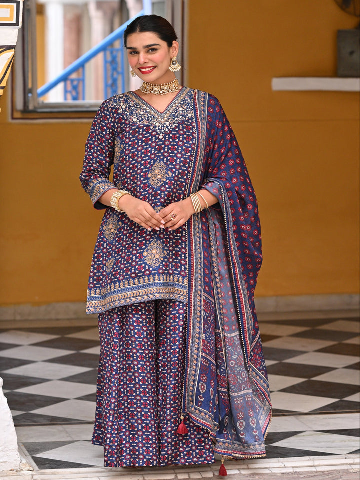 Blue Ghera Muslin Sharara Set with Gota and Sequence Work-SET OF 3 | SHOBITAM