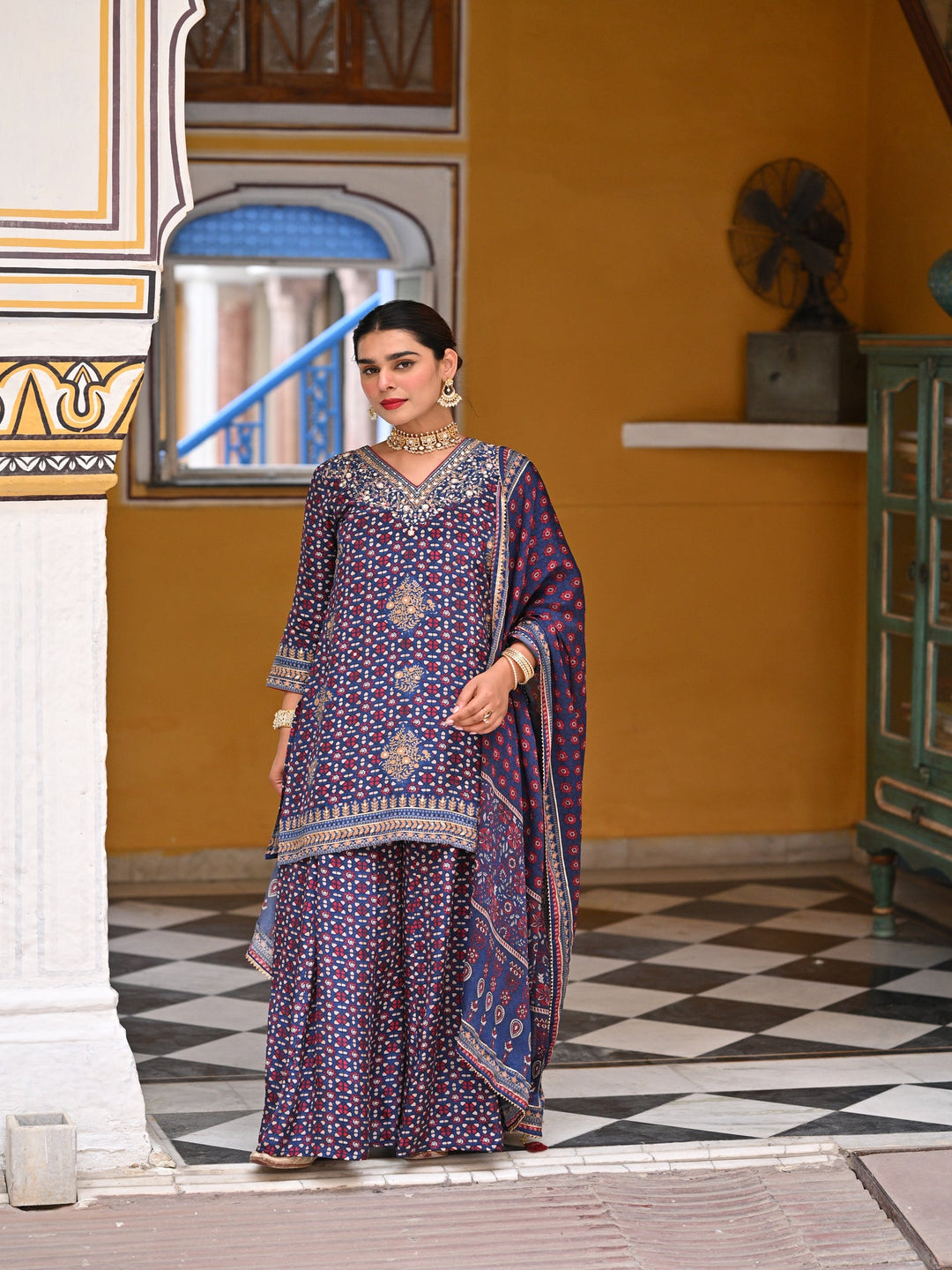 Blue Ghera Muslin Sharara Set with Gota and Sequence Work-SET OF 3 | SHOBITAM