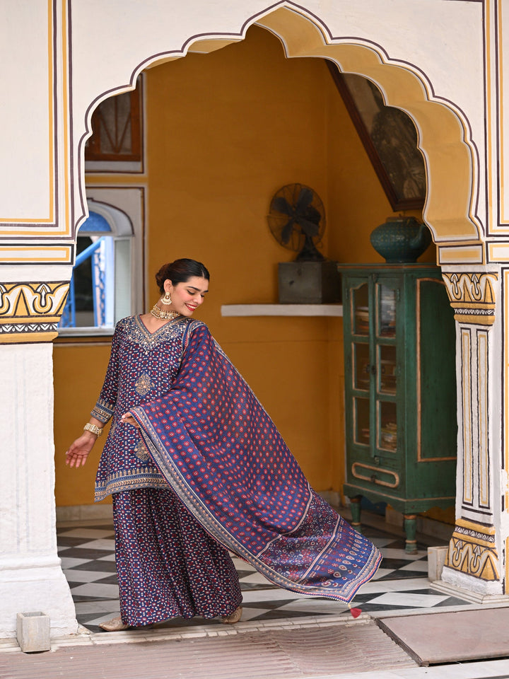 Blue Ghera Muslin Sharara Set with Gota and Sequence Work-SET OF 3 | SHOBITAM