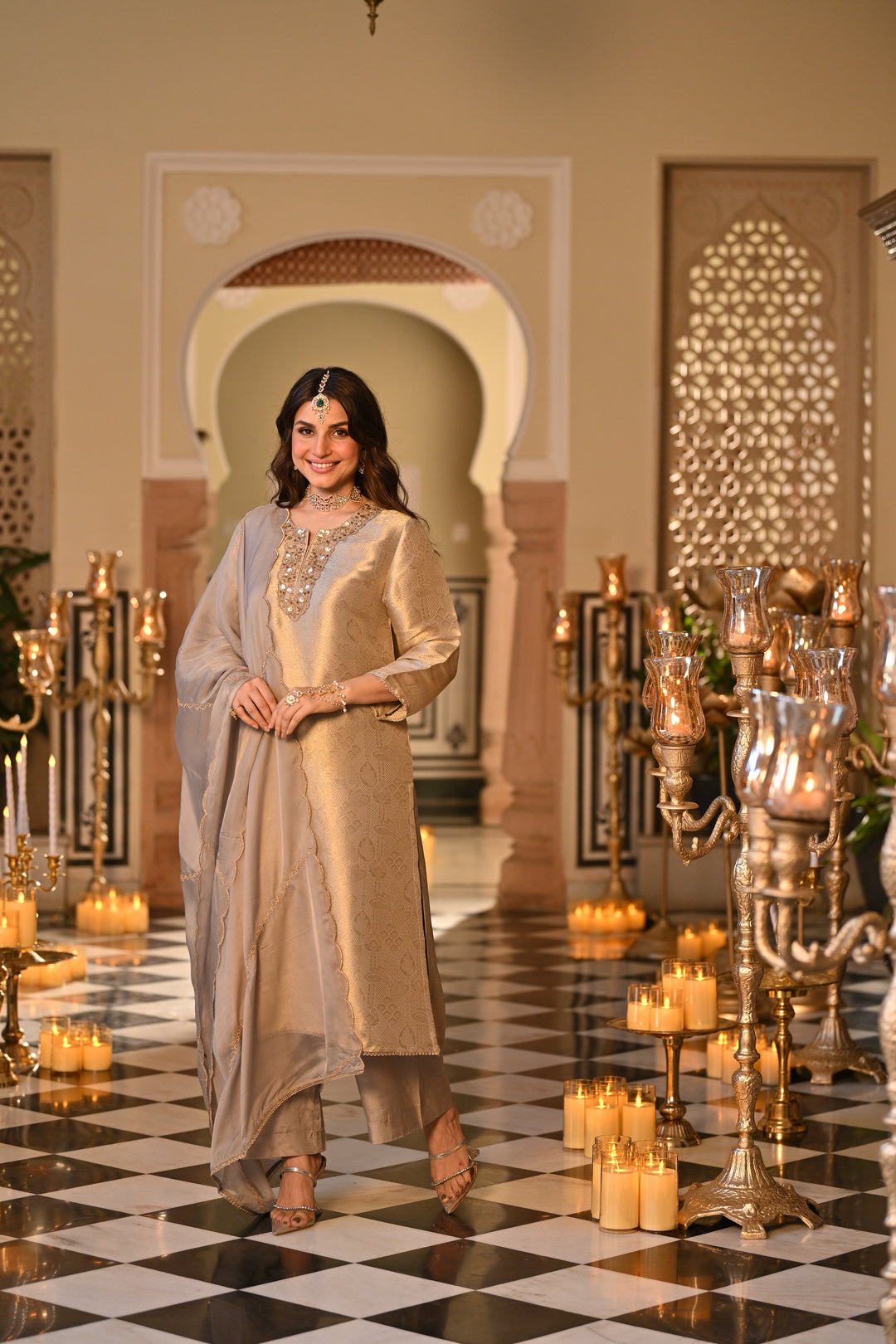 Slate Grey Premium Pure Muslin Silk Jacquard with Patch Embroidery, Hand Work Zari lace on Daman Kurta With Scallop Zari Border Dupatta- SET OF-3 | SHOBITAM