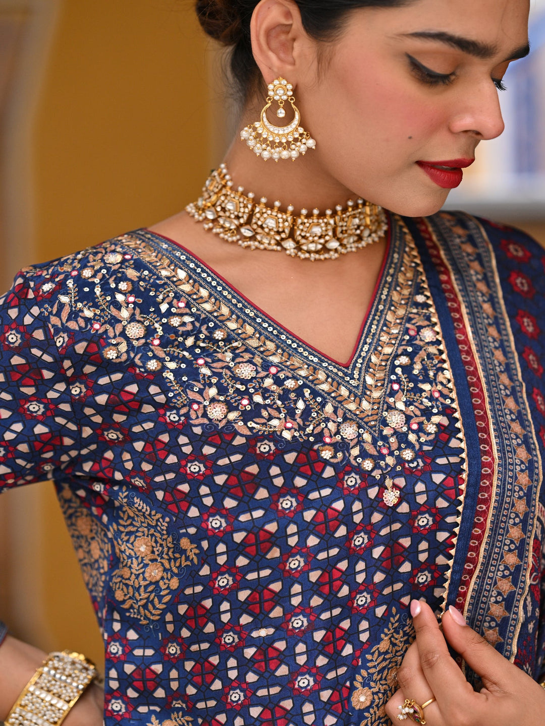 Blue Ghera Muslin Sharara Set with Gota and Sequence Work-SET OF 3 | SHOBITAM