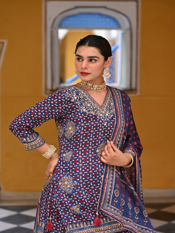 Blue Ghera Muslin Sharara Set with Gota and Sequence Work-SET OF 3 | SHOBITAM
