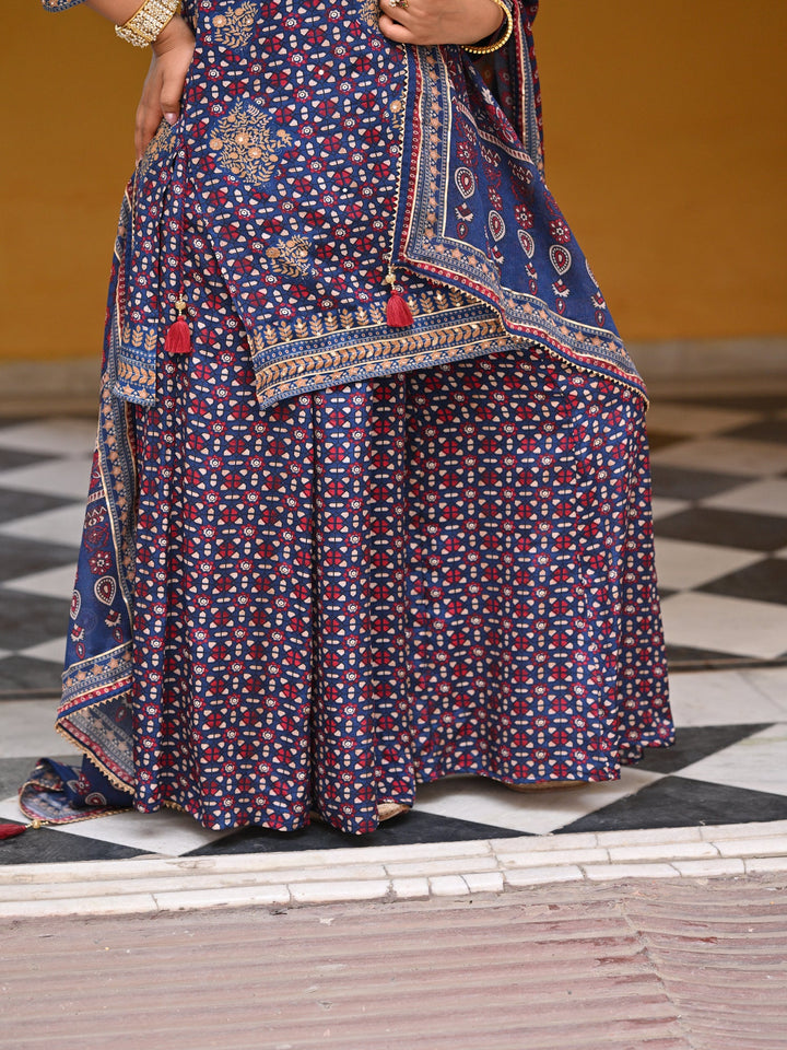 Blue Ghera Muslin Sharara Set with Gota and Sequence Work-SET OF 3 | SHOBITAM