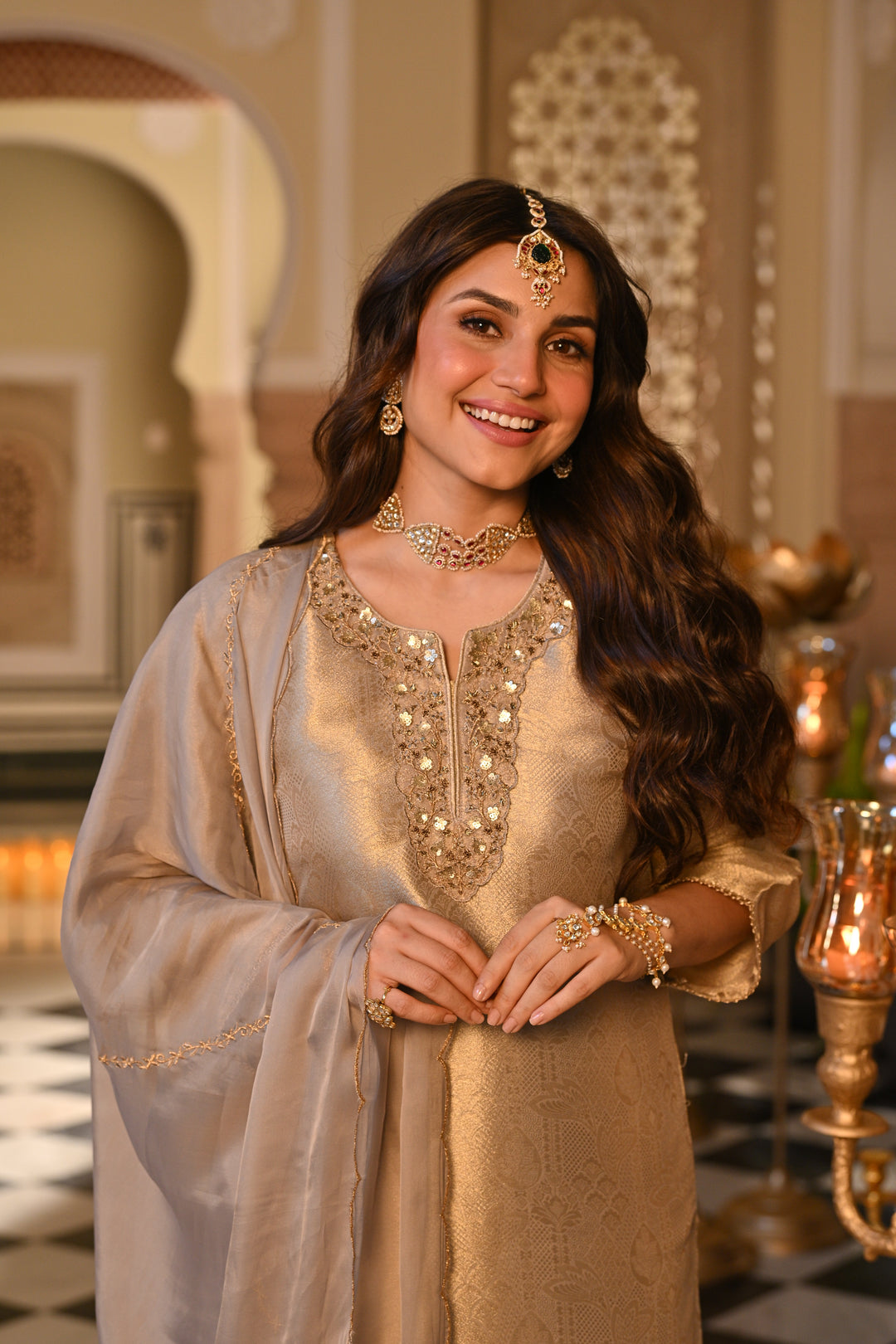 Slate Grey Premium Pure Muslin Silk Jacquard with Patch Embroidery, Hand Work Zari lace on Daman Kurta With Scallop Zari Border Dupatta- SET OF-3 | SHOBITAM