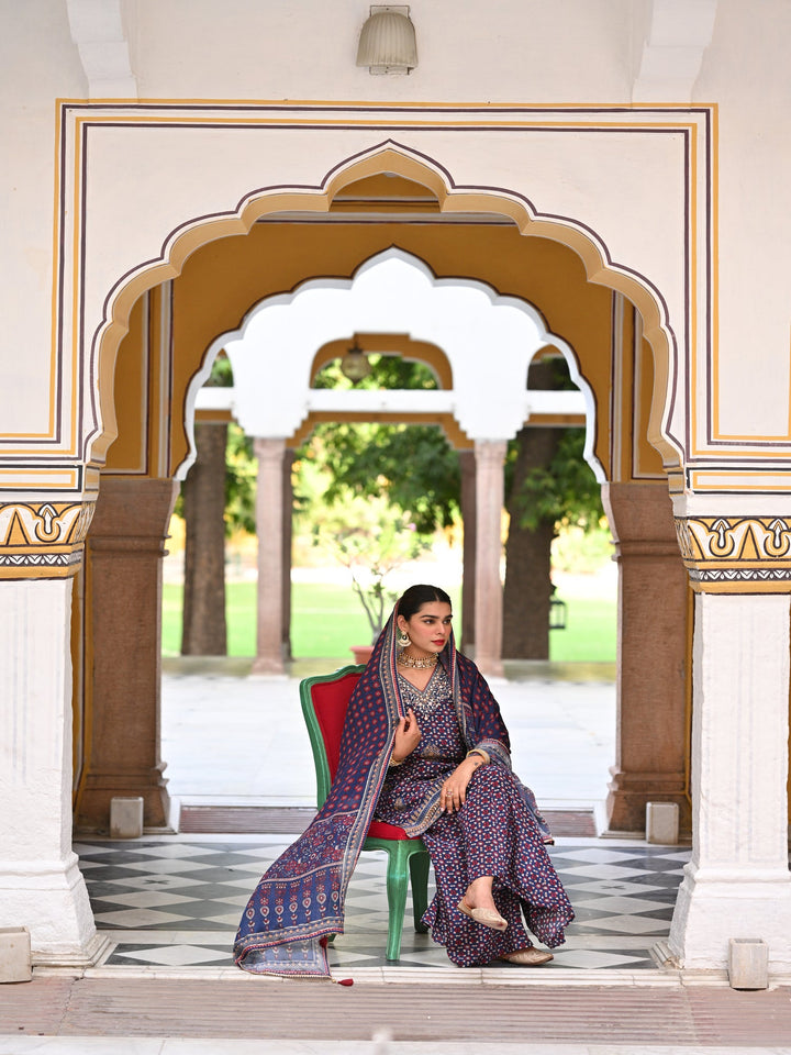Blue Ghera Muslin Sharara Set with Gota and Sequence Work-SET OF 3 | SHOBITAM