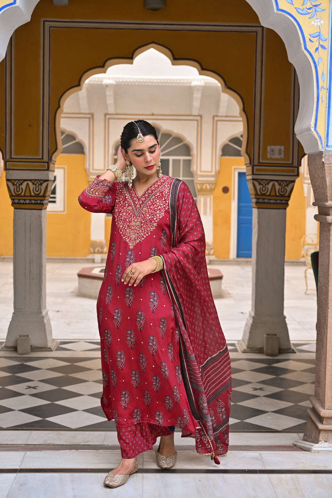 Red Block Print Gota and Sequence Muslin A line Suit- SET OF 3 | SHOBITAM