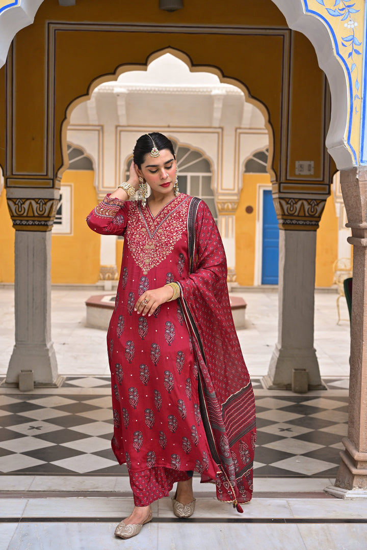 Red Block Print Gota and Sequence Muslin A line Suit- SET OF 3 | SHOBITAM
