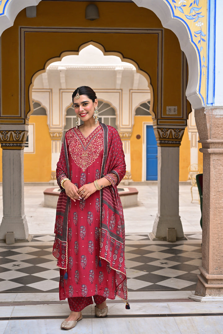 Red Block Print Gota and Sequence Muslin A line Suit- SET OF 3 | SHOBITAM
