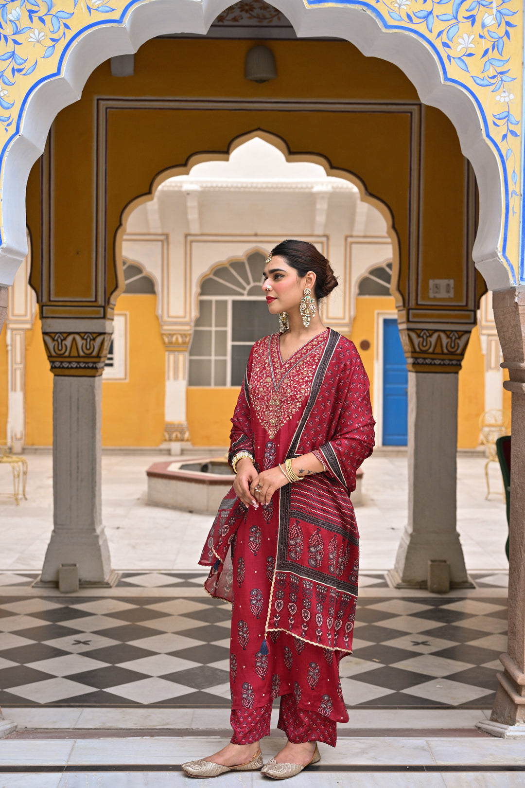 Red Block Print Gota and Sequence Muslin A line Suit- SET OF 3 | SHOBITAM
