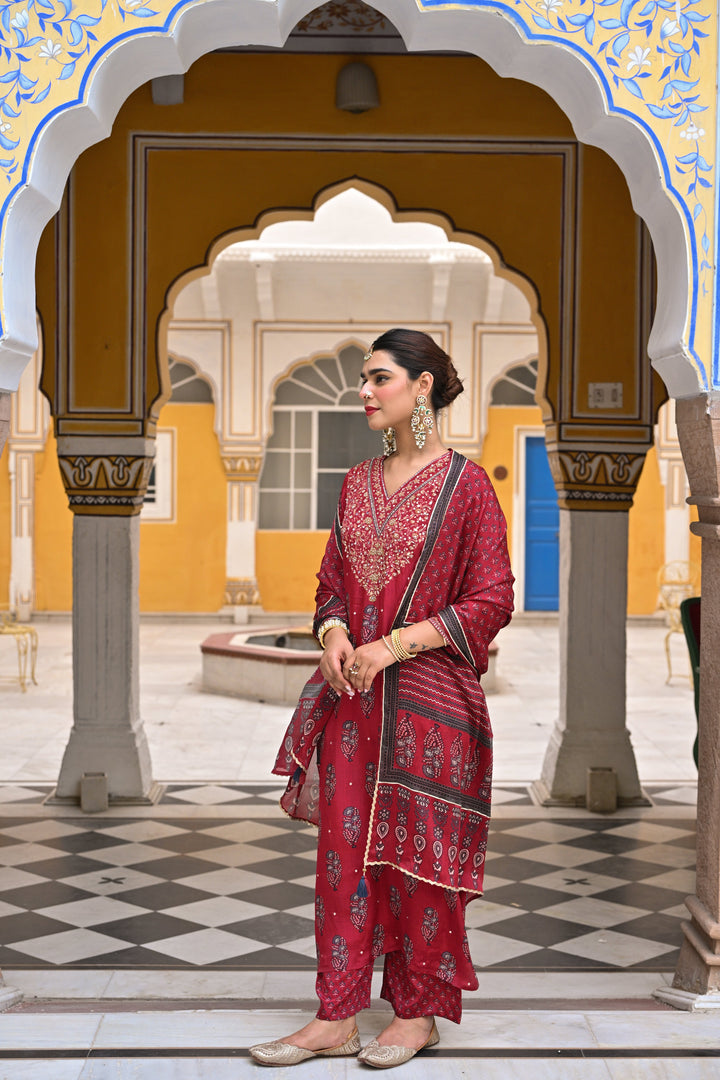 Red Block Print Gota and Sequence Muslin A line Suit- SET OF 3 | SHOBITAM