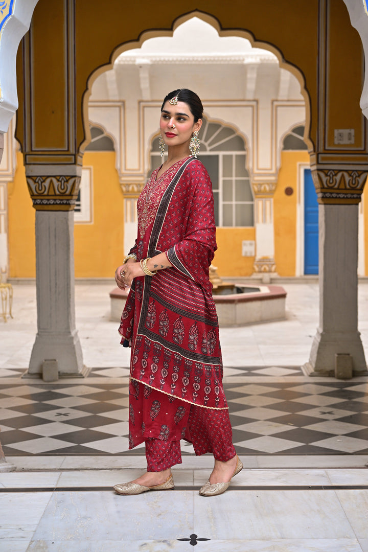 Red Block Print Gota and Sequence Muslin A line Suit- SET OF 3 | SHOBITAM