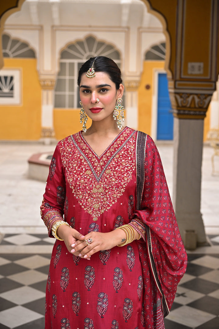 Red Block Print Gota and Sequence Muslin A line Suit- SET OF 3 | SHOBITAM