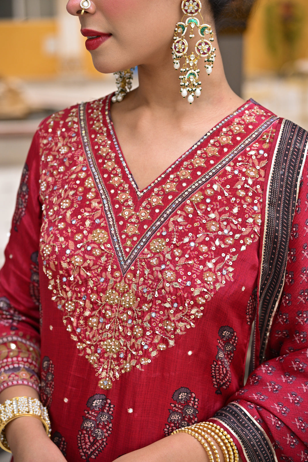Red Block Print Gota and Sequence Muslin A line Suit- SET OF 3 | SHOBITAM