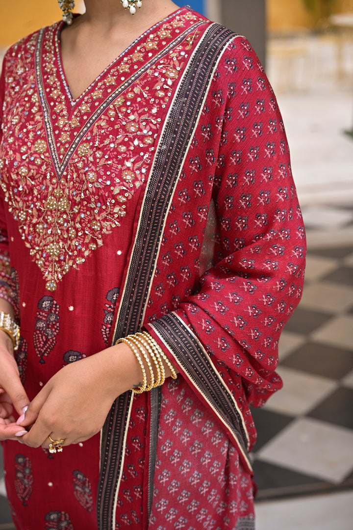 Red Block Print Gota and Sequence Muslin A line Suit- SET OF 3 | SHOBITAM