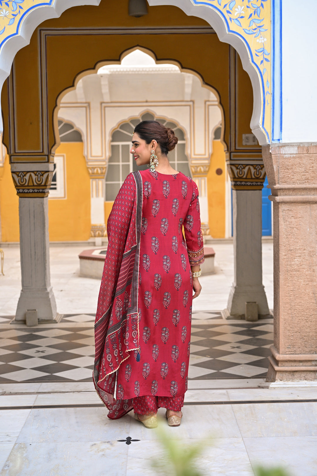 Red Block Print Gota and Sequence Muslin A line Suit- SET OF 3 | SHOBITAM