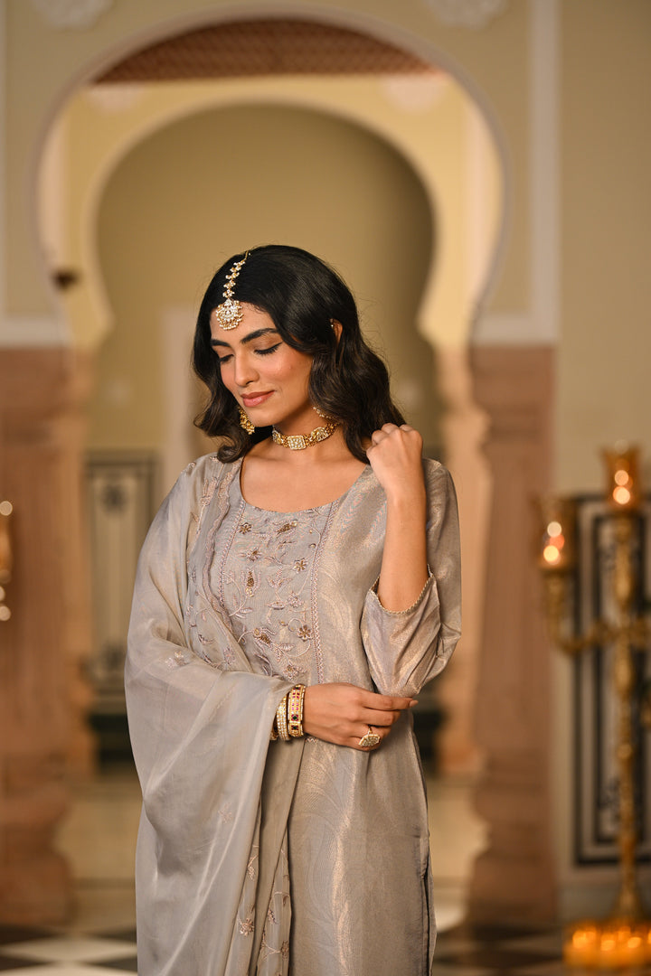 Grey Premium Pure Muslin Silk Jacquard with Hand Embroidery, With Scallop Dupatta Suit Set- SET OF-3 | SHOBITAM