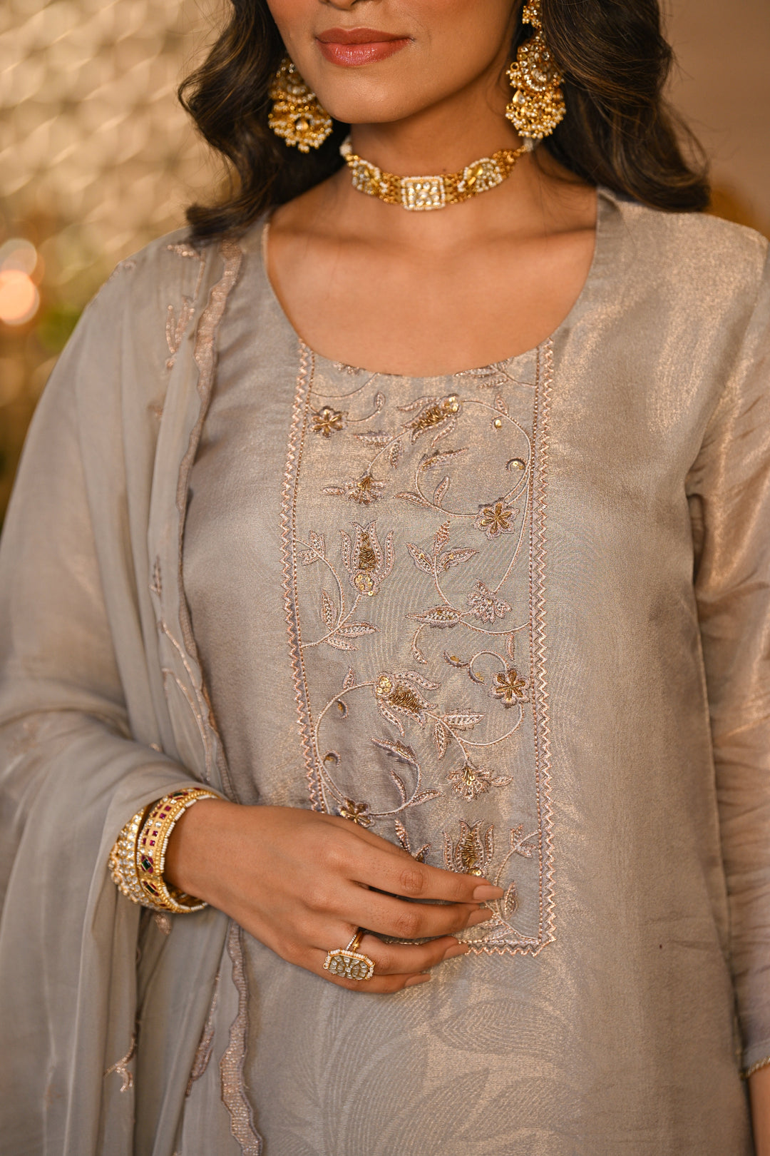 Grey Premium Pure Muslin Silk Jacquard with Hand Embroidery, With Scallop Dupatta Suit Set- SET OF-3 | SHOBITAM